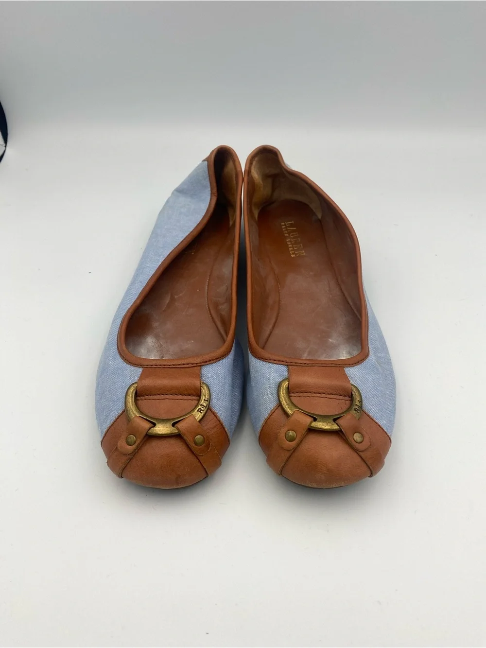 Lauren Ralph Lauren Light Blue Canvas & Brown Leather Ballet Flats